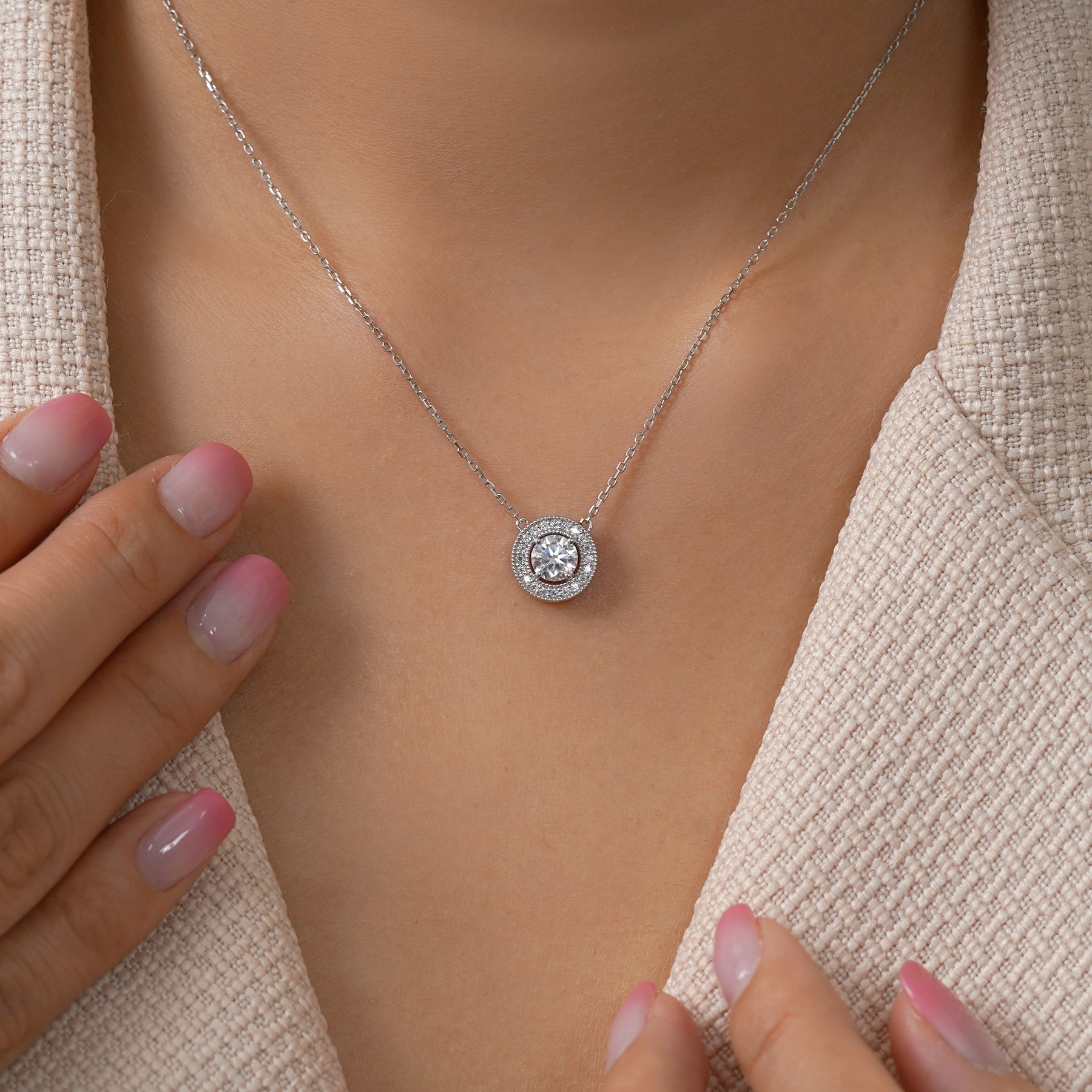 JeenMata 2 Carat Round Halo Moissanite Pendant Necklace - Vintage Inspired Pendant in 18K White Gold Plating for Women