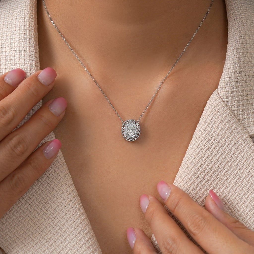 JeenMata 2 Carat Classic Oval Filigree Moissanite Pendant Necklace - in 18K White Gold Plating for Women
