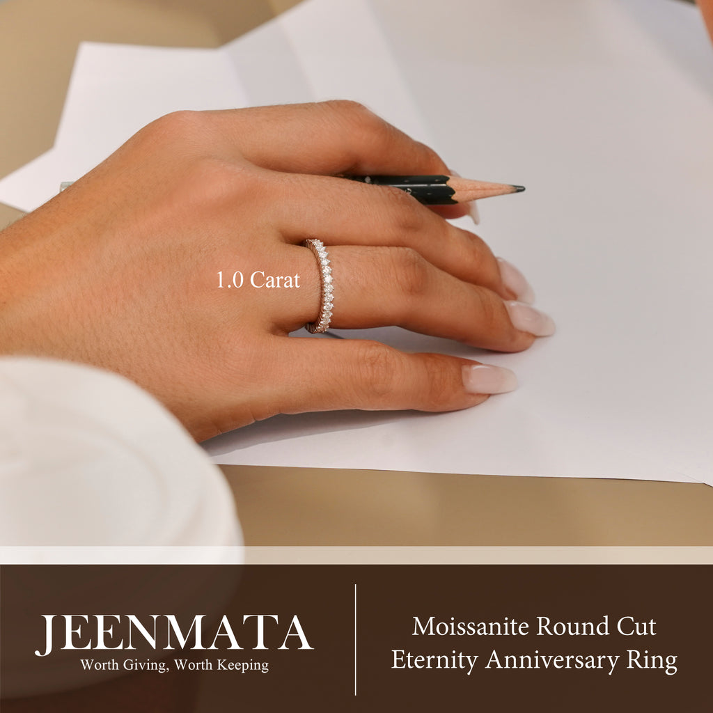 JeenMata 1 Carat Moissanite Round Cut Eternity Anniversary Ring - Classic Eternity Stackable Wedding Rings in 18K White Gold Plating for Women