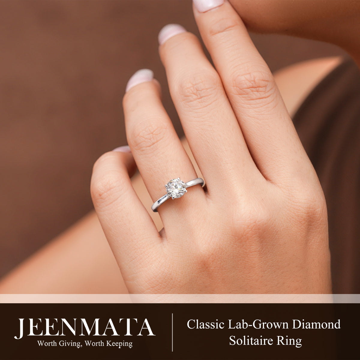 JeenMata Lab Grown Diamond 1 Carat Round Cut Solitaire Engagement Ring in 18K White Gold Plating for Women