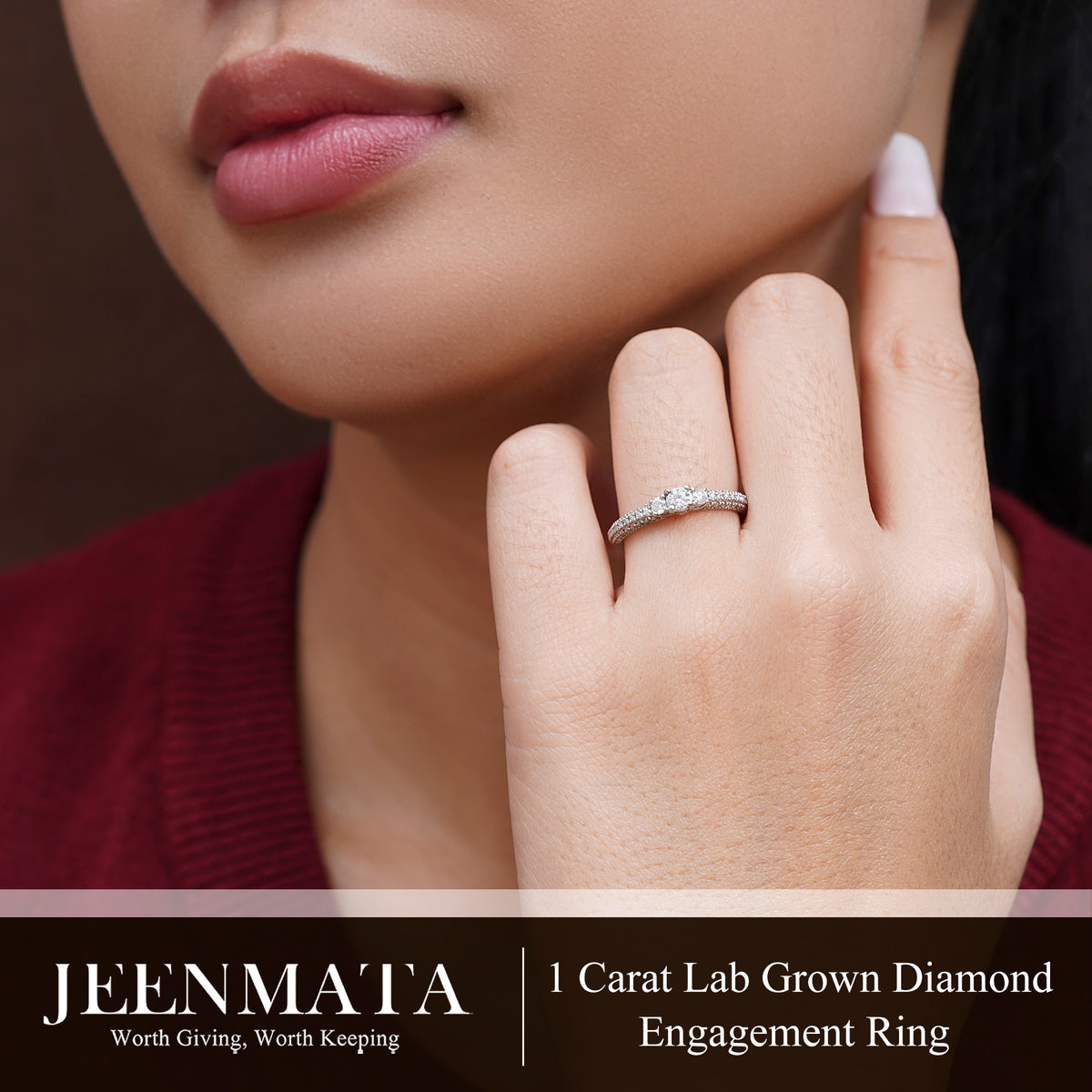 JeenMata 1 Carat Round Cut Lab Grown Diamond Classic Three Stones Engagement Ring - Vintage Style Micro Pave Wedding Ring in 18K White Gold Plating for Women