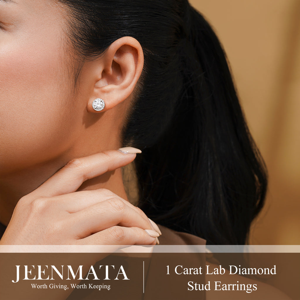 JeenMata Lab Grown Diamond 1 Carat Round Brilliant Cut Halo Stud Earrings in 18K White Gold Plating for Women