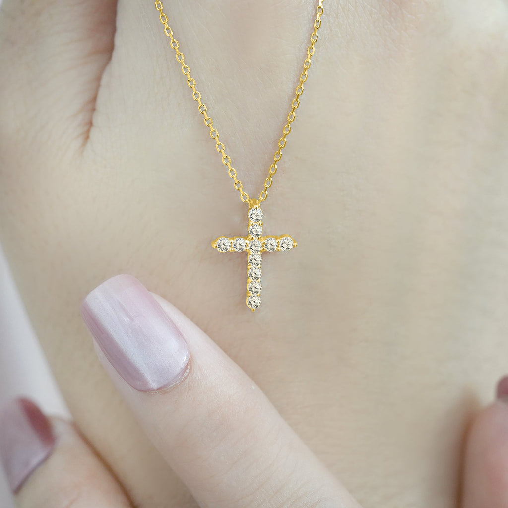 Certified Lab Grown Diamond Cross Pendant Necklace in 18K Rose Gold over Silver