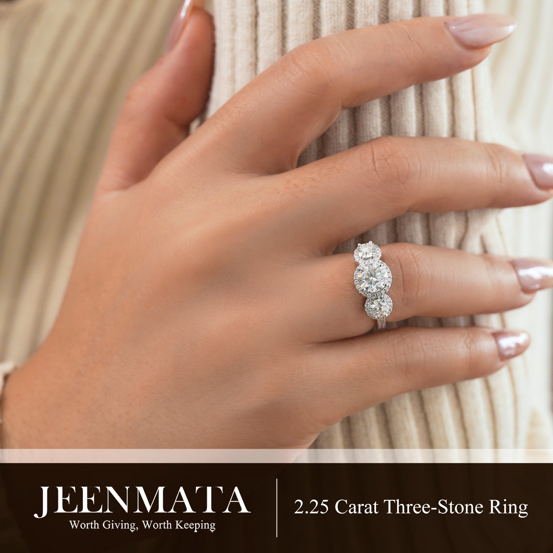 JeenMata 2.25 Carat Round Brilliant Cut Moissanite - Three Stone Engagement Rings in 18K White Gold Plating for Women