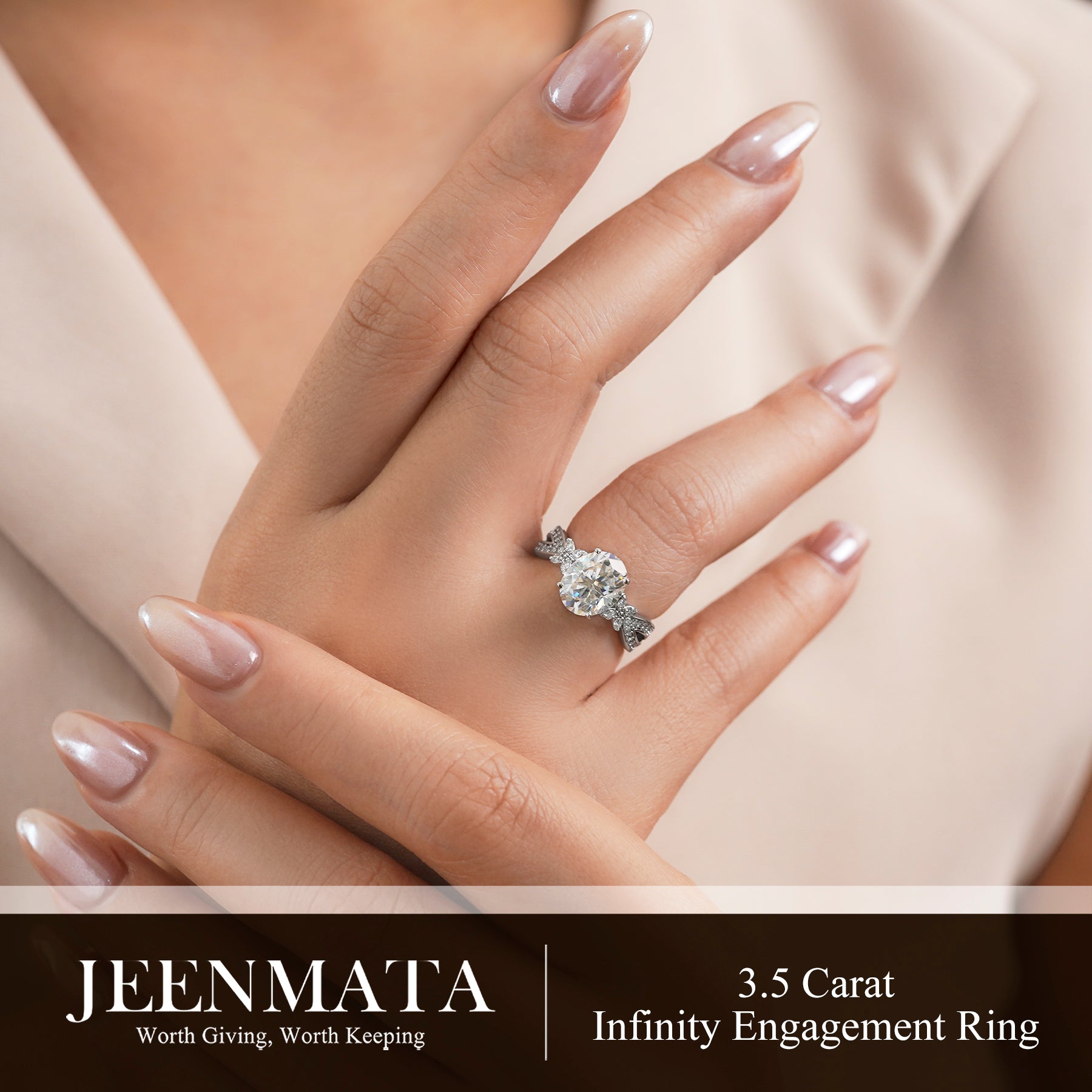 JeenMata 3.5 Carat Oval Cut Moissanite - Butterfly Infinity Engagement Ring in 18K White Gold Plating for Women