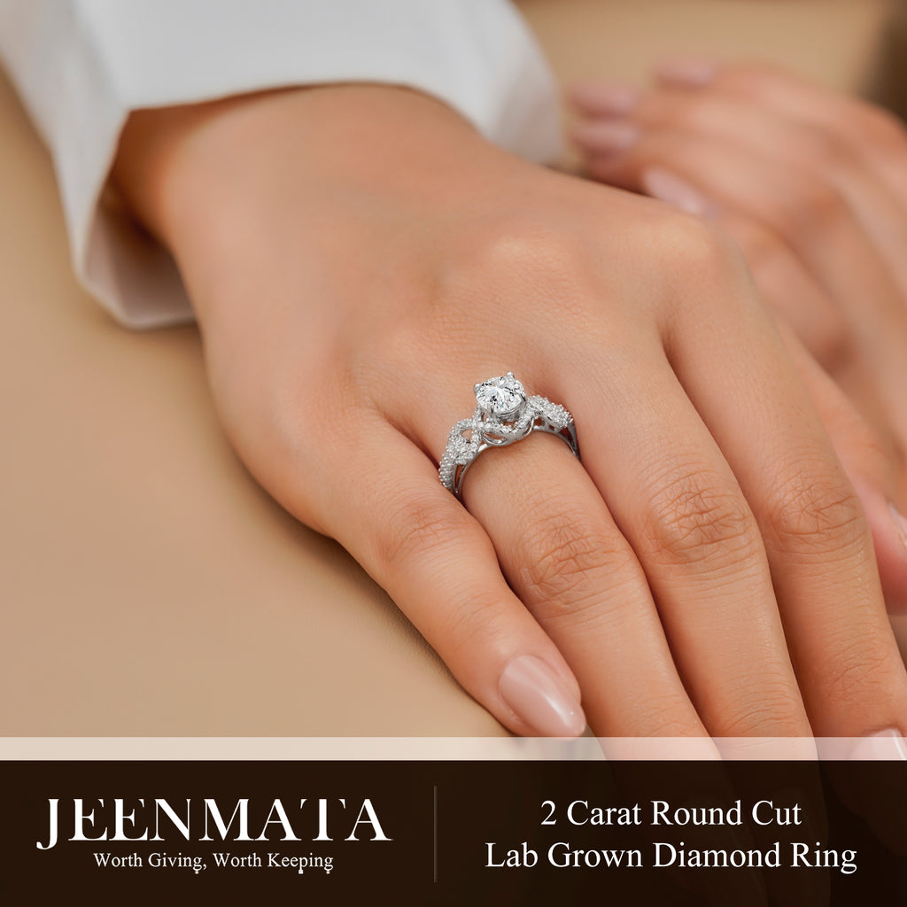JeenMata 2 Carat Round Brilliant Cut Lab Grown Diamond - Engagement Rings in 18K White Gold Plating for Women