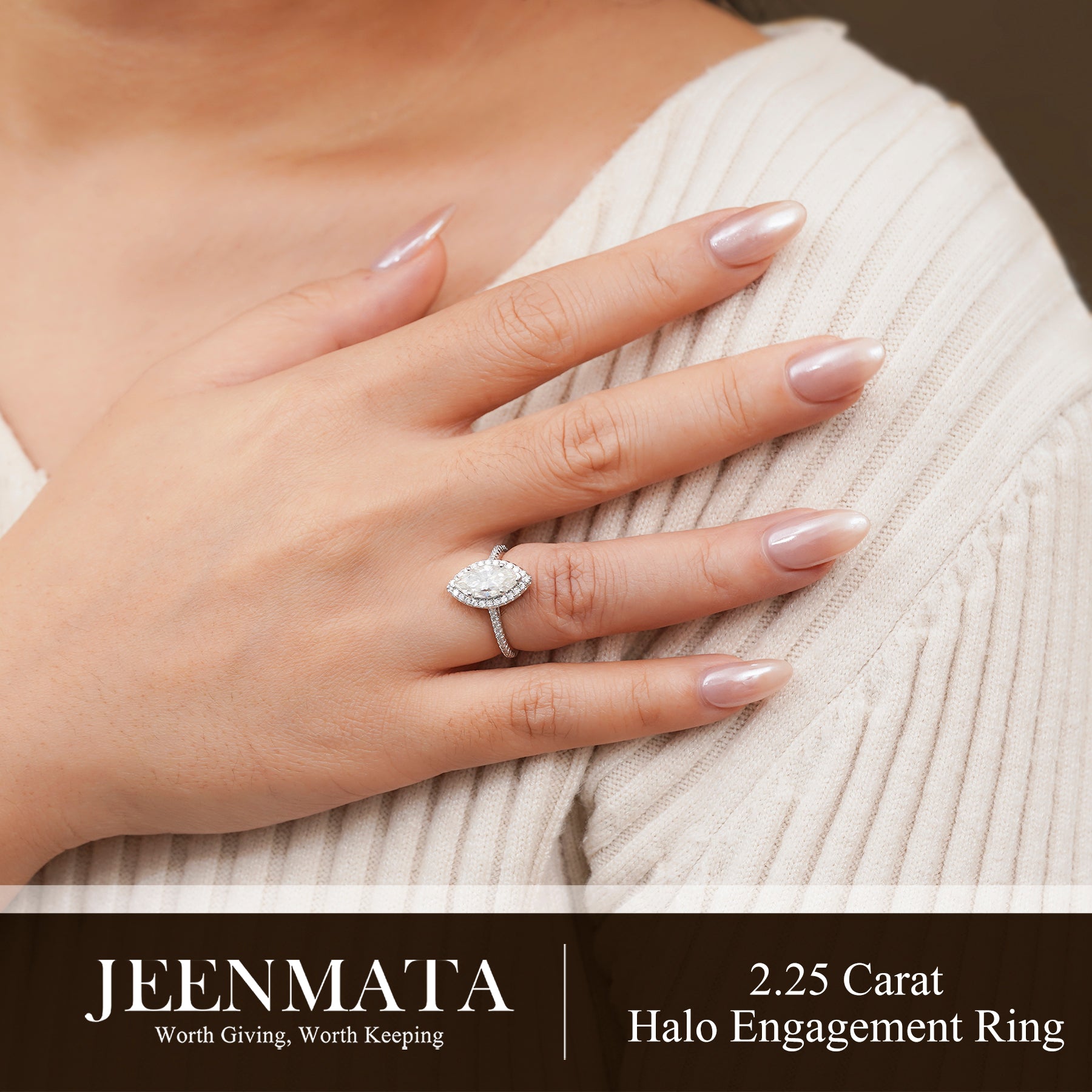 JeenMata 2.25 Carat Marquise Cut Moissanite Halo Engagement Ring for Women, Marquise Solitaire with Round Halo Accents in 18K White Gold Plating For Women