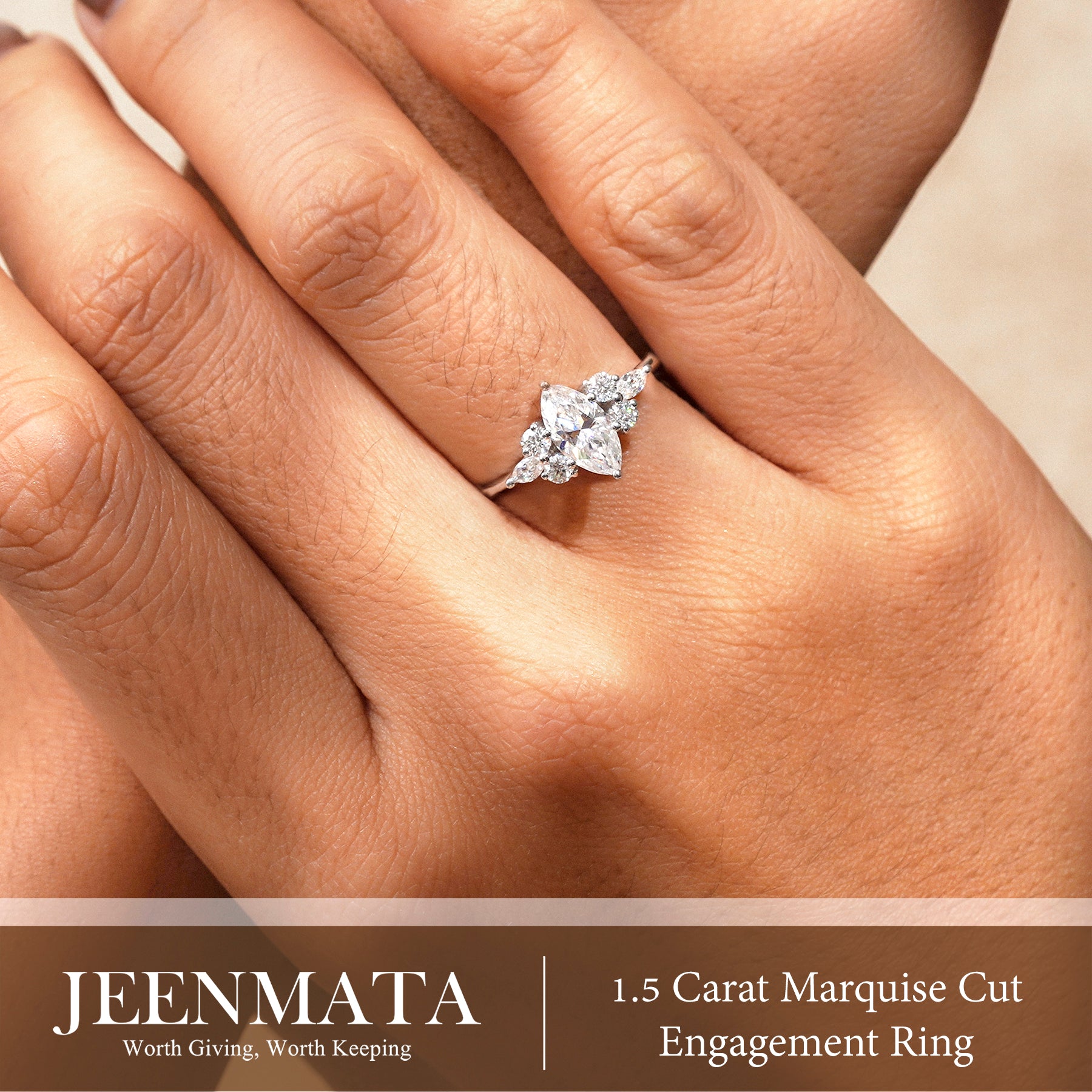 JeenMata 1.5 Carat Marquise Cut Lab Grown Diamond - Engagement Rings in 18K White Gold Plating for Women