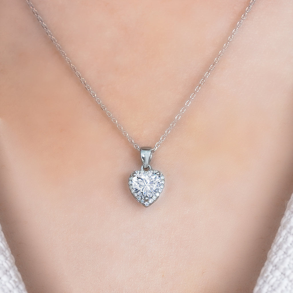 JeenMata Forever Heart 1 Carat - Moissanite - April Pendant Necklace in 18K White Gold Plating over Silver