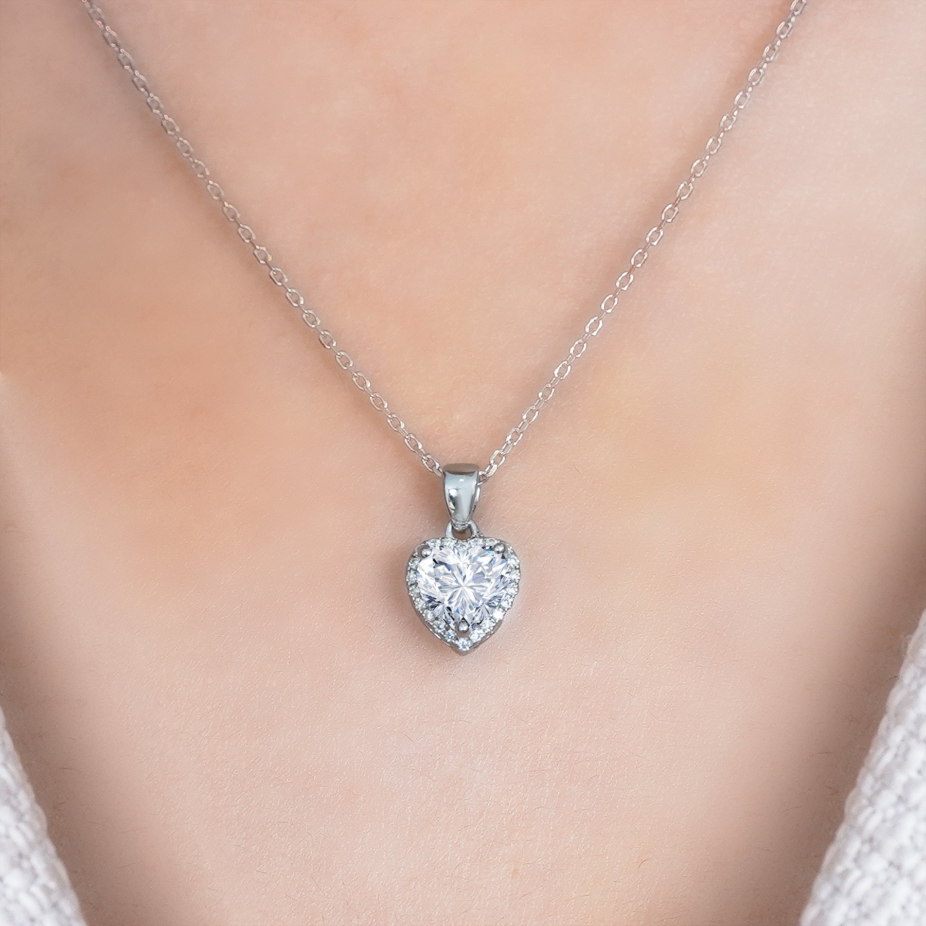 JeenMata Forever Heart 1 Carat - Moissanite - April Pendant Necklace in 18K White Gold Plating over Silver
