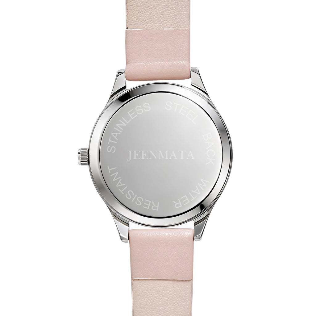 JeenMata Women's Rhinestone Analog Watch - Silver Case with White Dial, Roman Numerals, Water Resistant Soft Pink Strap Wrist Watch