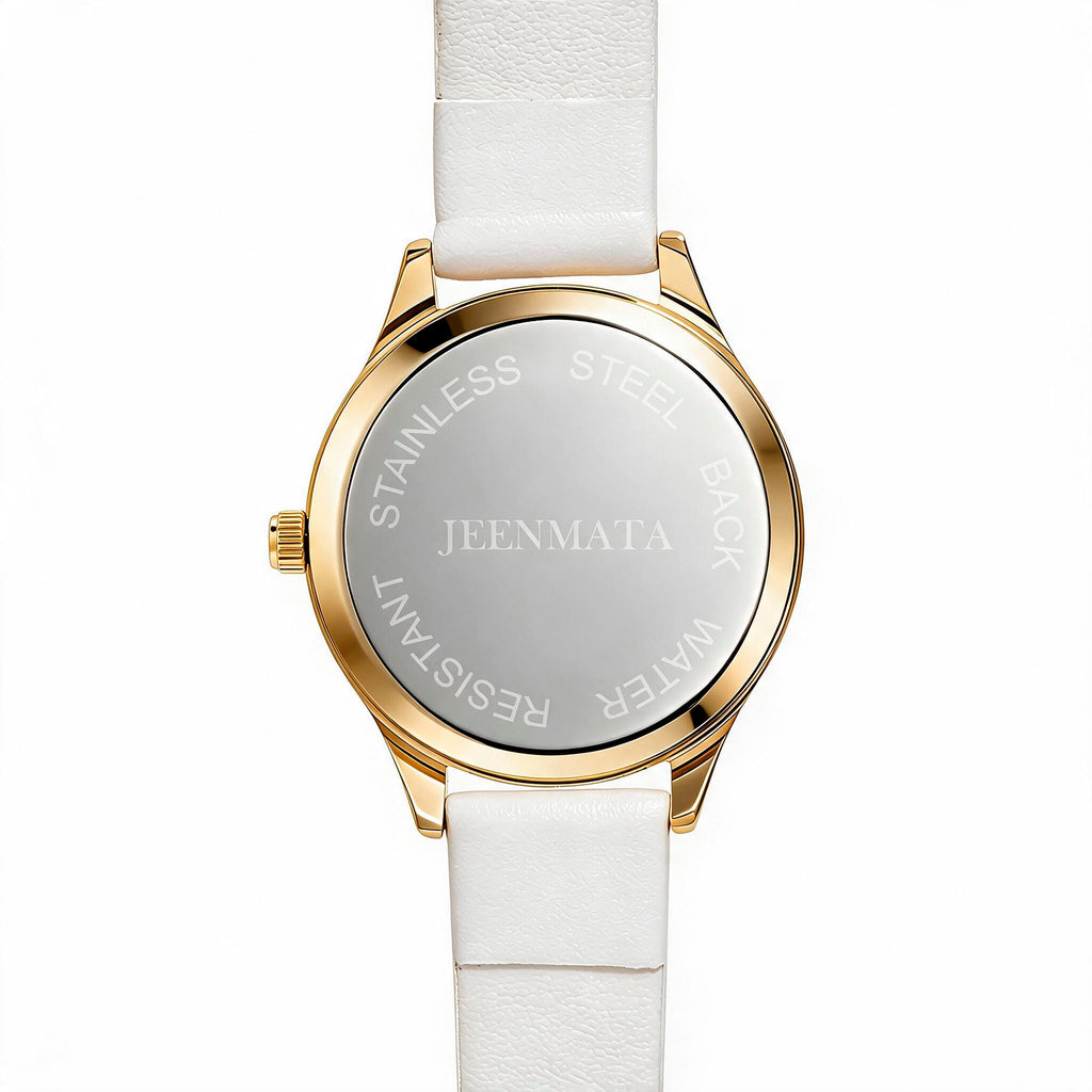 JeenMata Women's Luxe White & Gold Watch - Rhinestone Accent Gold Case, White Roman Numeral Dial, Water Resistant Fashion Strap Watch