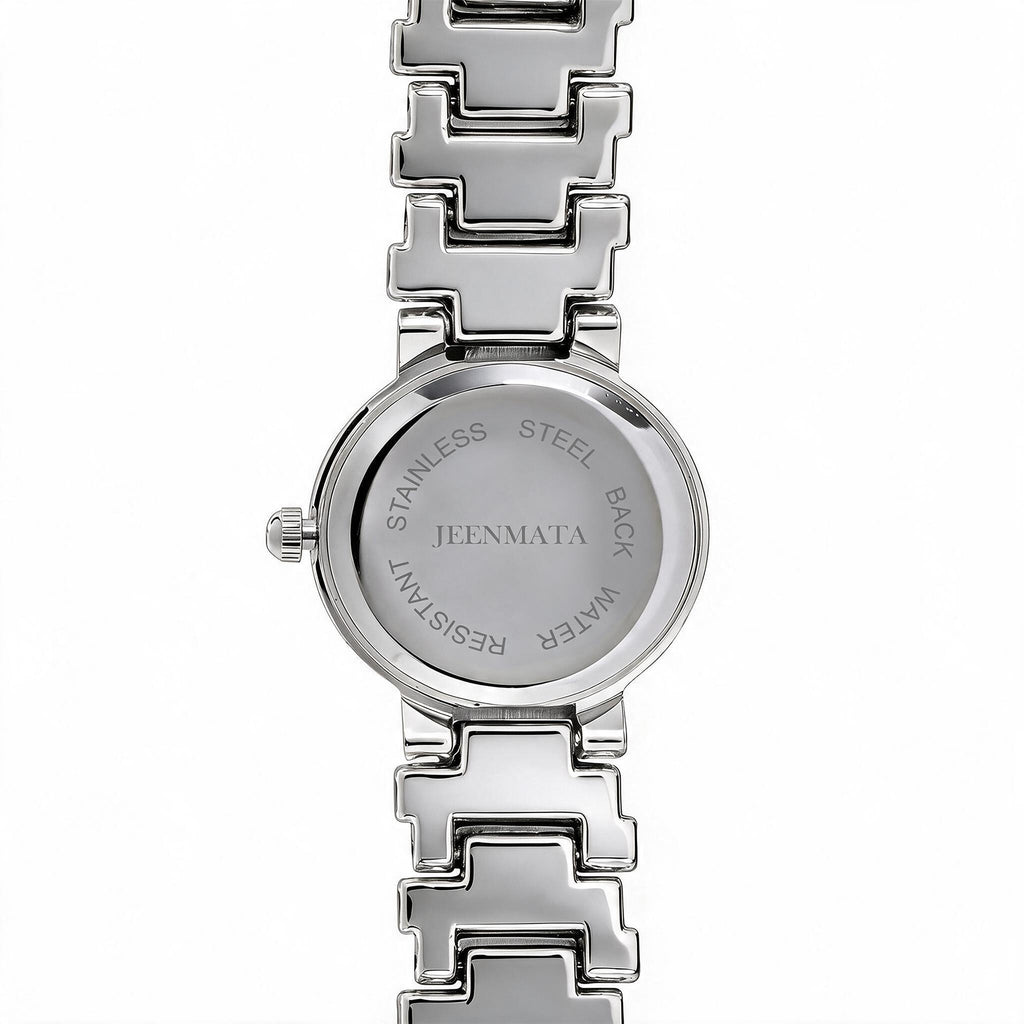 JeenMata Women's Classic Silver Stretch Watch - Crystal Bezel Silver Stainless Steel Expansion Band, White Dial, Water Resistant
