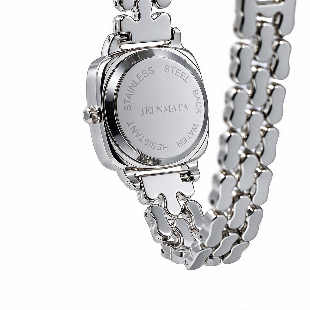 JeenMata Women's Monochrome Silver Watch - White Cushion Dial, Silver Stainless Steel Open-Link Bracelet, Water Resistant Dress Watch
