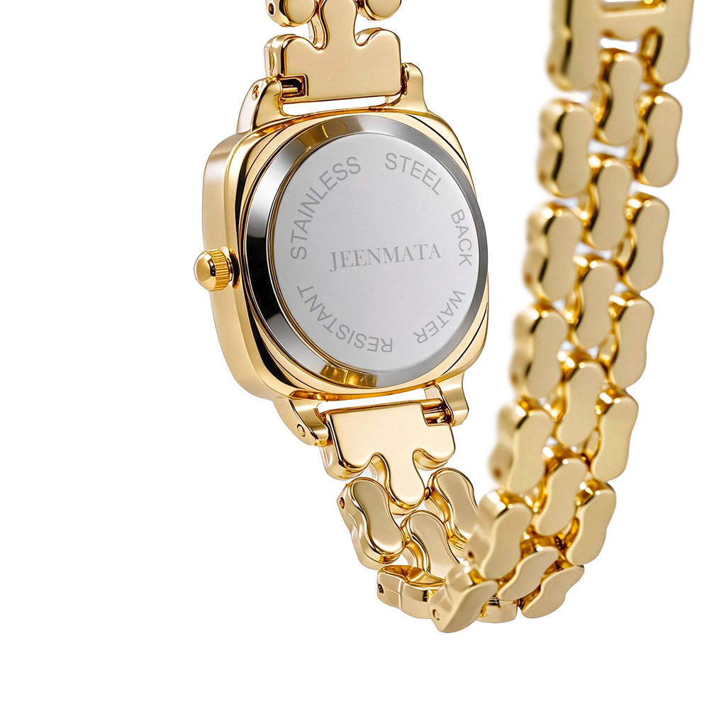 JeenMata Women's Classic Gold Watch - Crisp White Cushion Dial, Gold Stainless Steel Bracelet, Water Resistant Wrist Watch