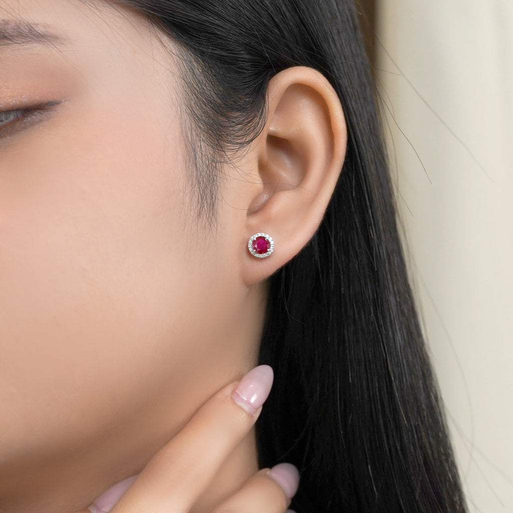 JeenMata 3 Carat - July Ruby Birthstone Halo Stud Earrings - Round Cut in 18K White Gold Plating for Women