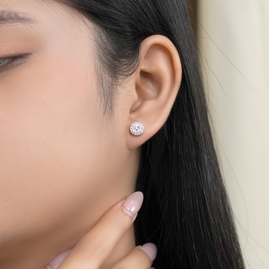 JeenMata 3 Carat - October Pink Tourmaline Birthstone Halo Stud Earrings - Round Cut in 18K White Gold Plating for Women