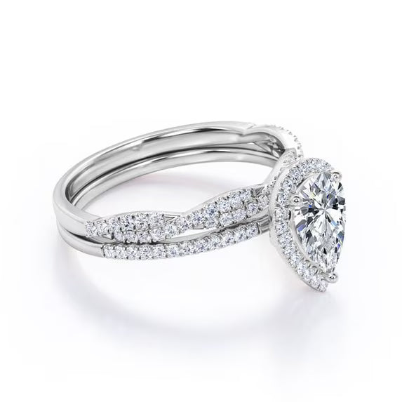 JeenMata 1.25 Carat Pear Cut Lab Grown Diamond Bridal Ring Set in 10K White Gold - Halo Engagement Ring and Wedding Band Set for Women