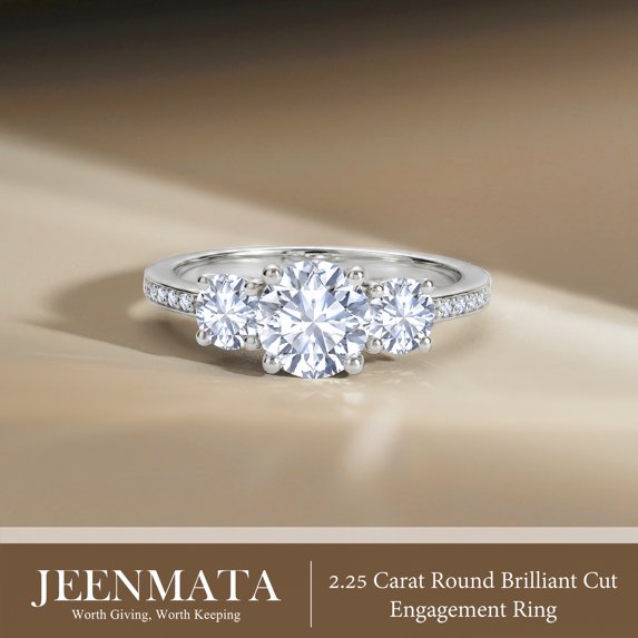 JeenMata 2.25 Carat Round Brilliant Cut Lab Grown Diamond-Three Stone Engagement Rings in 18K White Gold Plating for Women