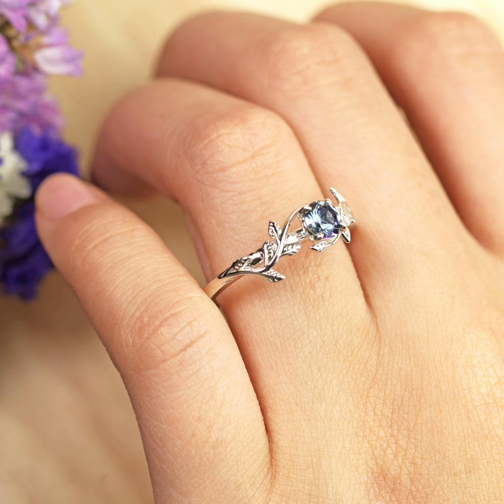 JeenMata 0.50 Carat - Round Cut Lab Created Alexandrite Ring - Leaf & Vine Engagement Ring - 18K White Gold Plating for Women