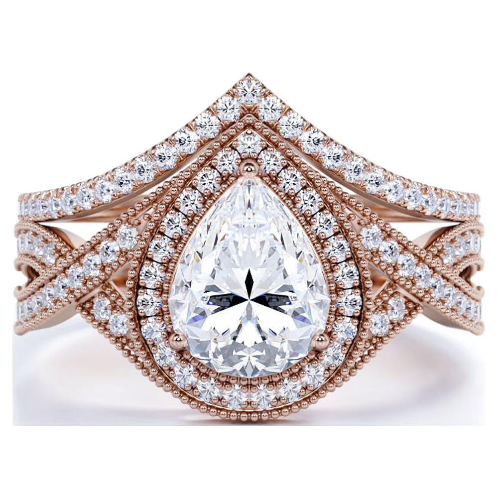 JeenMata 1.5 Carat Pear Cut Moissanite Wedding Set - Bridal Set - Art Deco Ring - Halo Ring - Cluster Ring - 18k Rose Gold Plated for Women