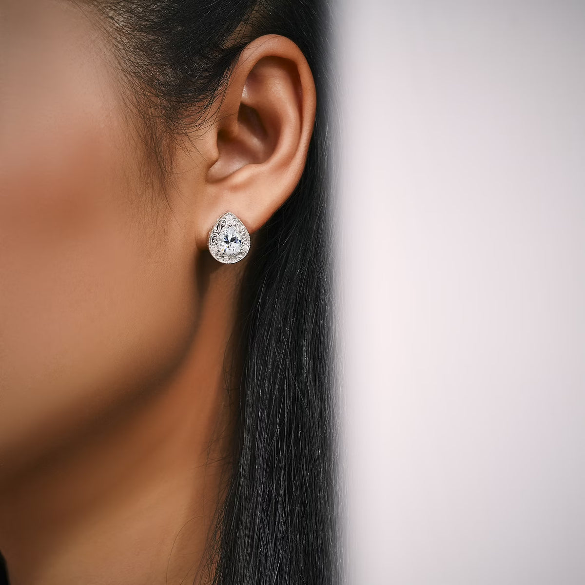JeenMata 2 Carat Pear Cut Moissanite Stud Earring - Classic Vintage Earring in 18K White Gold Plating for Women Earrings
