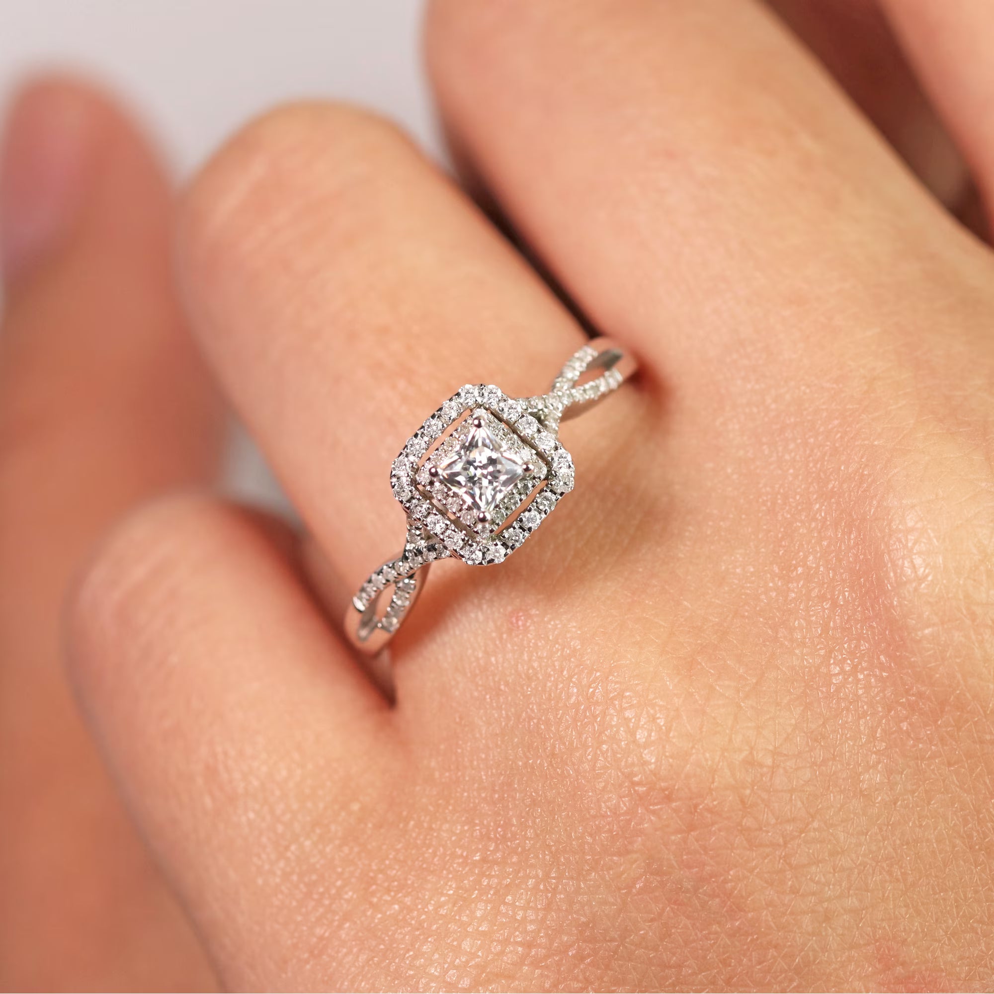 JeenMata Elegant Square Cut Lab Grown Diamond - Twisted Band - Pave - Double Halo Engagement Ring - 10K White Gold