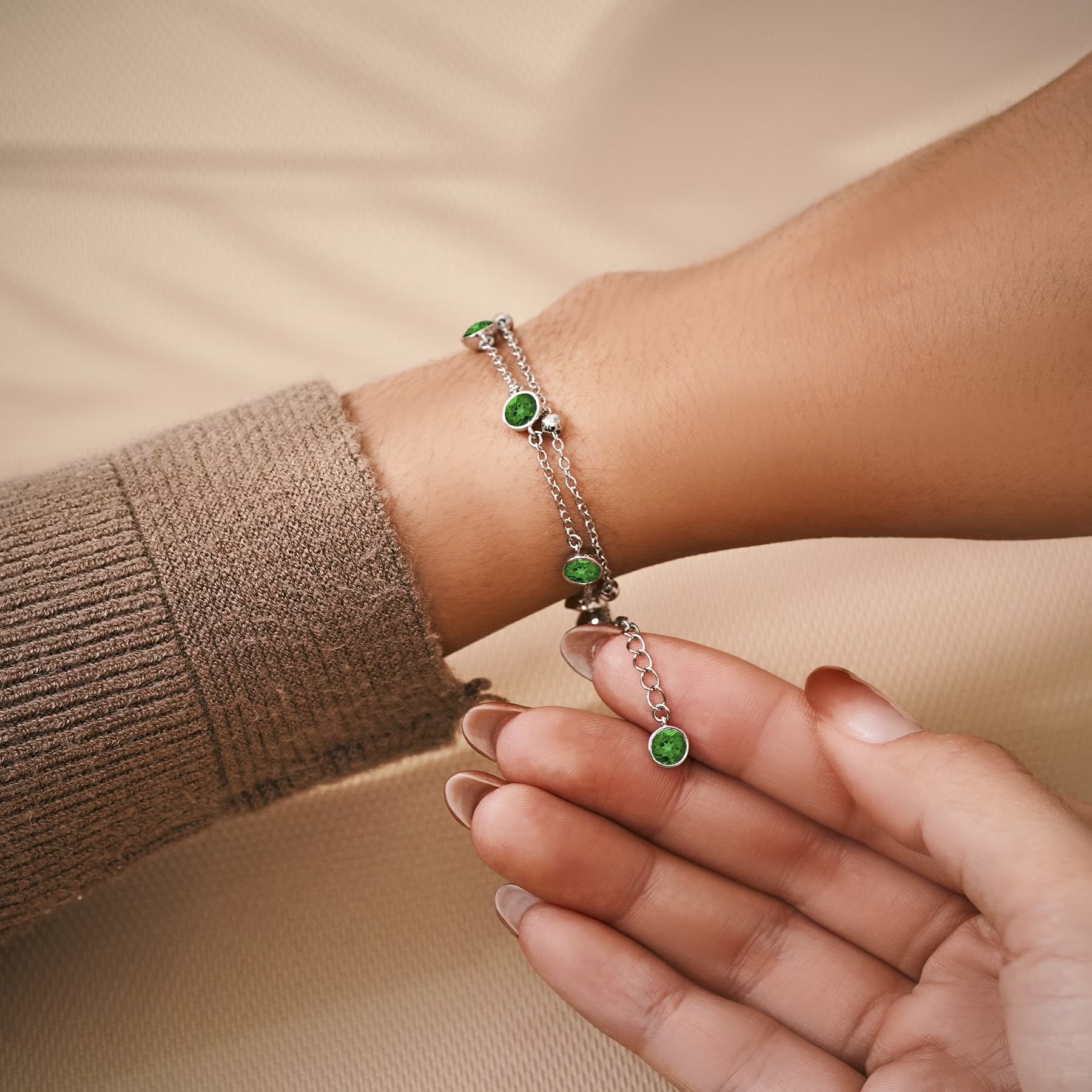 JeenMata 3.5 Carat May Emerald Birthstone Double Layer Bracelet - in White Gold Plating for Women