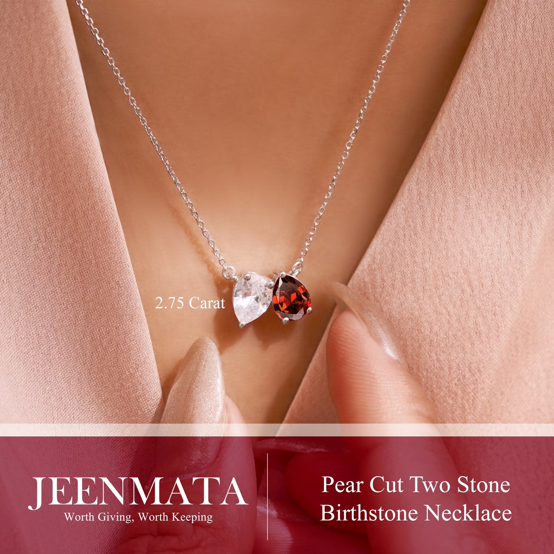 JeenMata 2.75 Carat January Birthstone Necklace - Pear Cut Two Stone Garnet & Cubic Zirconia Necklaces in 18K White Gold Plating Gift for Women, Mother, Her