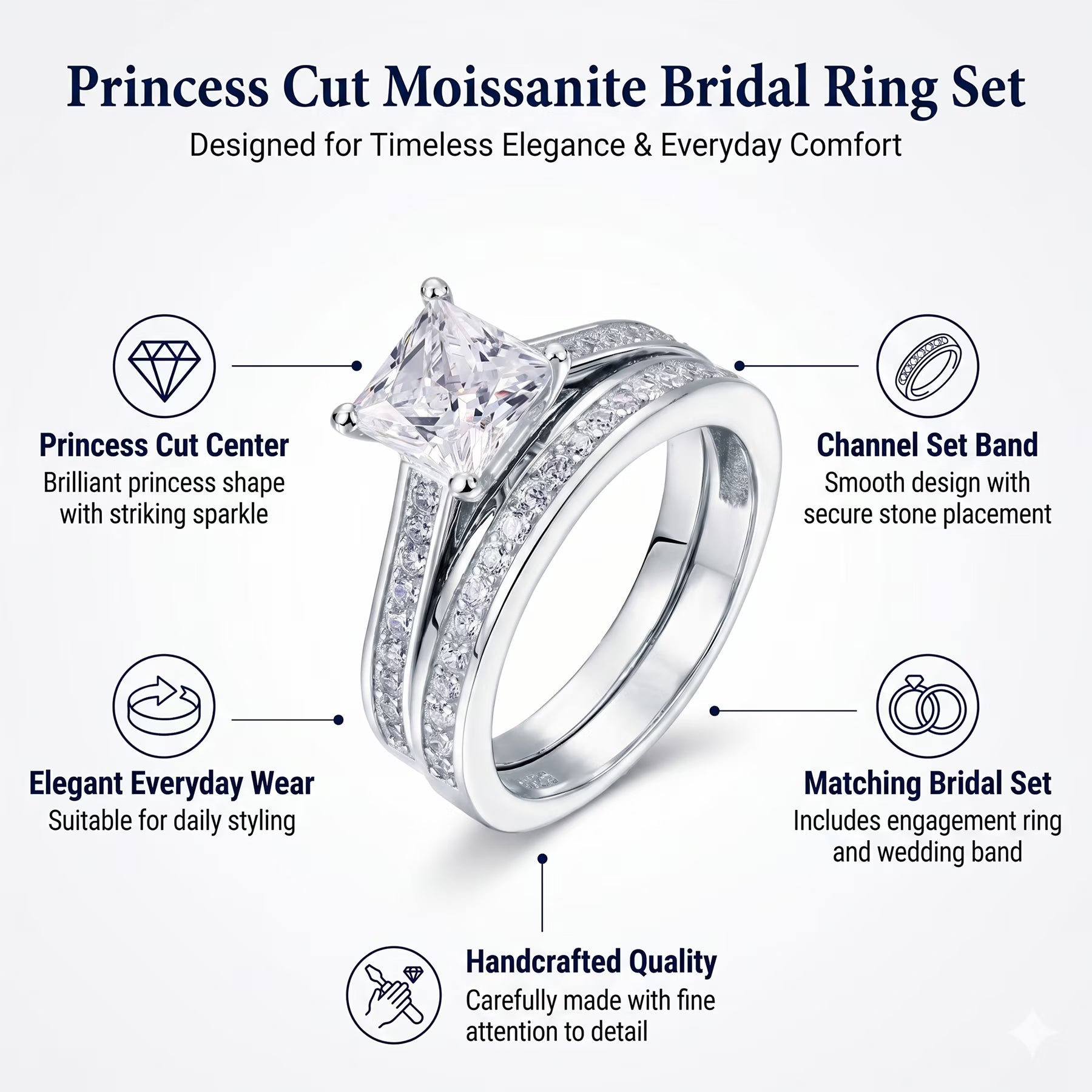 JeenMata 1.50 Carat Princess Cut Moissanite Wedding Set - Bridal Set - Channel Set Ring - Handmade Ring - 18k White Gold Plated for Women