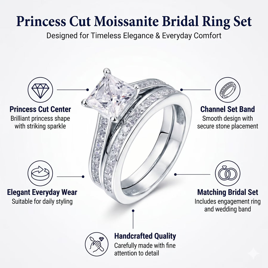 JeenMata 1 Carat Princess Cut Moissanite Wedding Set - Bridal Set - Engagement Ring - Channel Set Ring - Cluster Ring - 18k White Gold Plated for Women