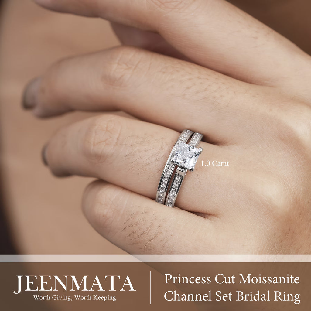 JeenMata 1 Carat Princess Cut Moissanite Wedding Set - Bridal Set - Engagement Ring - Channel Set Ring - Cluster Ring - 18k White Gold Plated for Women