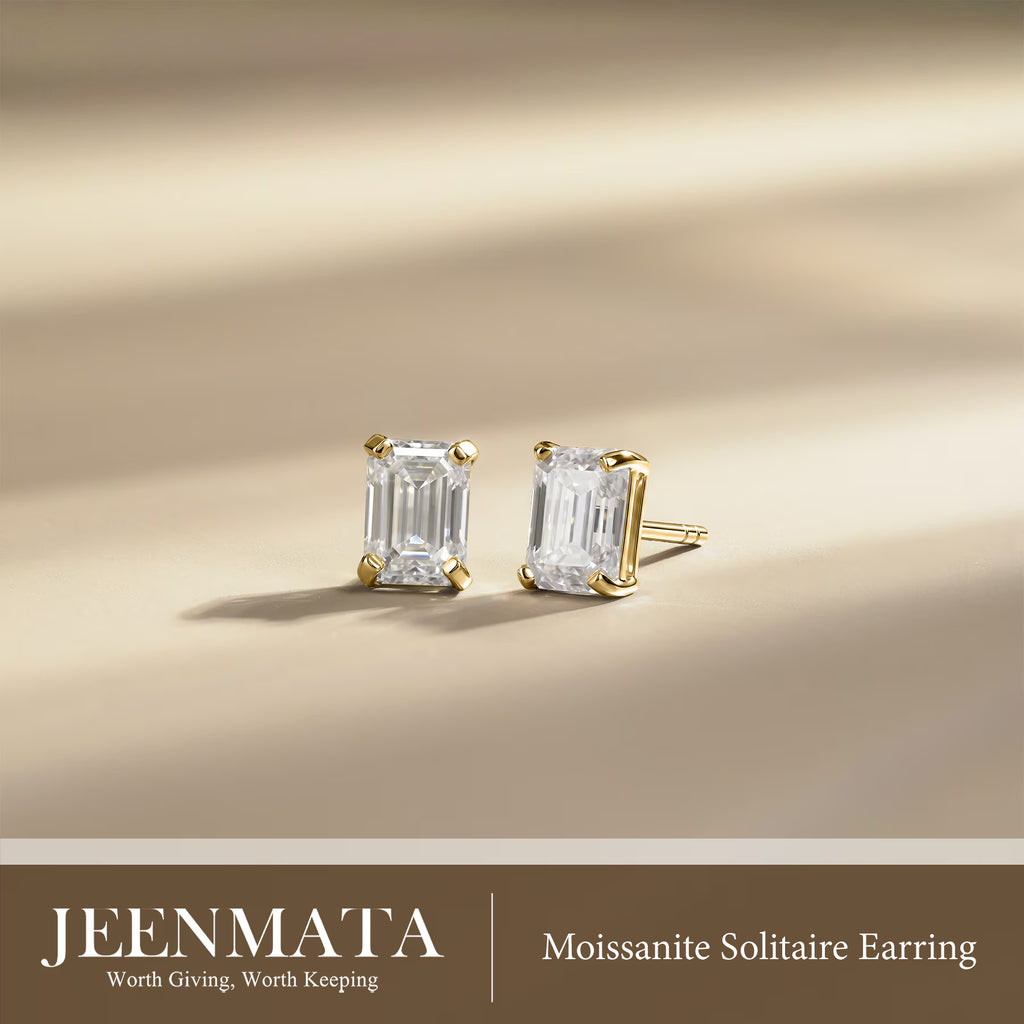 JeenMata Minimalist 2 Carat Emerald Cut Moissanite Solitaire Stud Earrings in 18k Yellow Gold Plating for Women