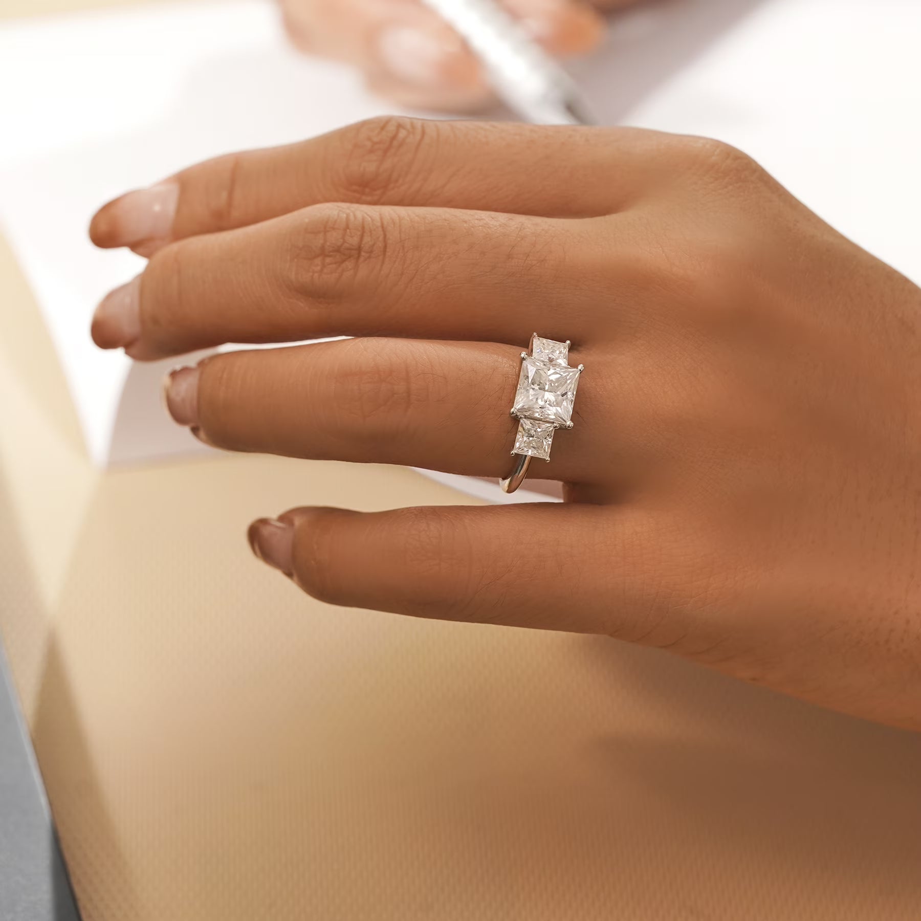 JeenMata 3.75 Carat Princess Cut Moissanite Rings - Three Stone Engagement Rings in 18K White Gold Plating for Women