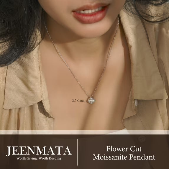 JeenMata 2.7 Carat Flower Cut Moissanite Pendant - Danity Clover Design Necklace in 18K White Gold Plated for Women