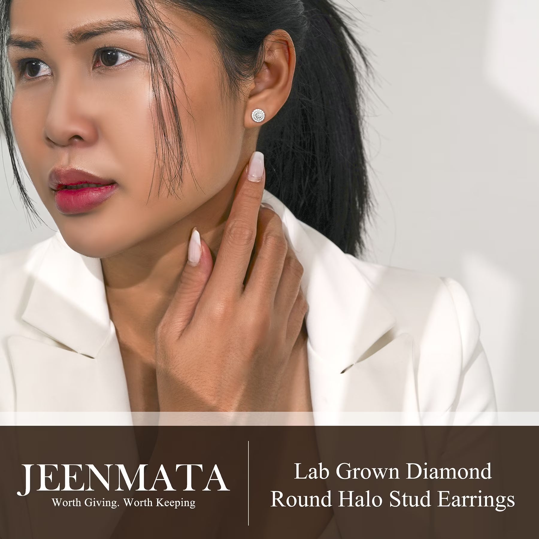 JeenMata Lab Grown Diamond Halo Stud Earrings - Round Cut Stud Earrings for Women in White Gold Plating