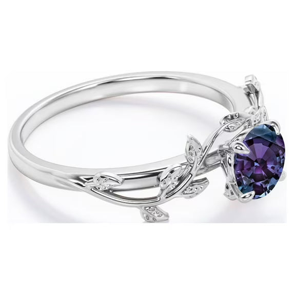JeenMata 0.50 Carat - Round Cut Lab Created Alexandrite Ring - Leaf & Vine Engagement Ring - 18K Black Gold Plating for Women