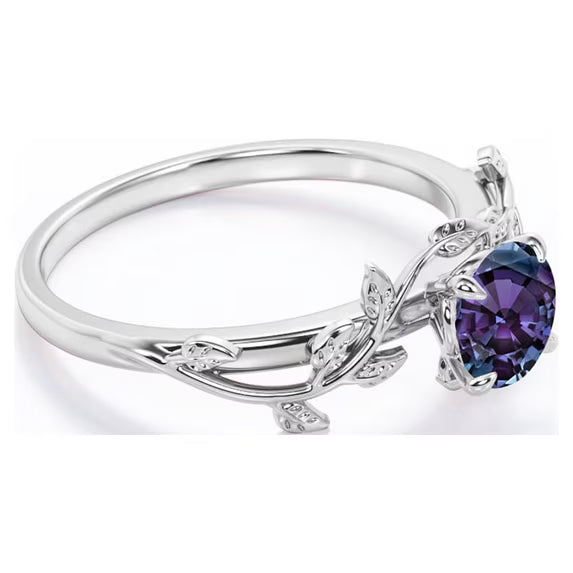 JeenMata 0.50 Carat - Round Cut Lab Created Alexandrite Ring - Leaf & Vine Engagement Ring - 18K White Gold Plating for Women