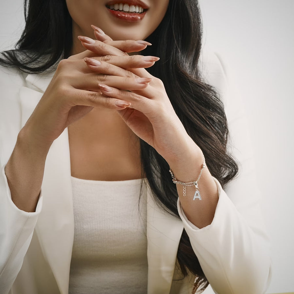 JeenMata Lab Grown Diamond Initial "A" Letter Bracelets - Double Layer Alphabet Jewelry Bracelet - 18K White Gold Plating for Women Jewelry