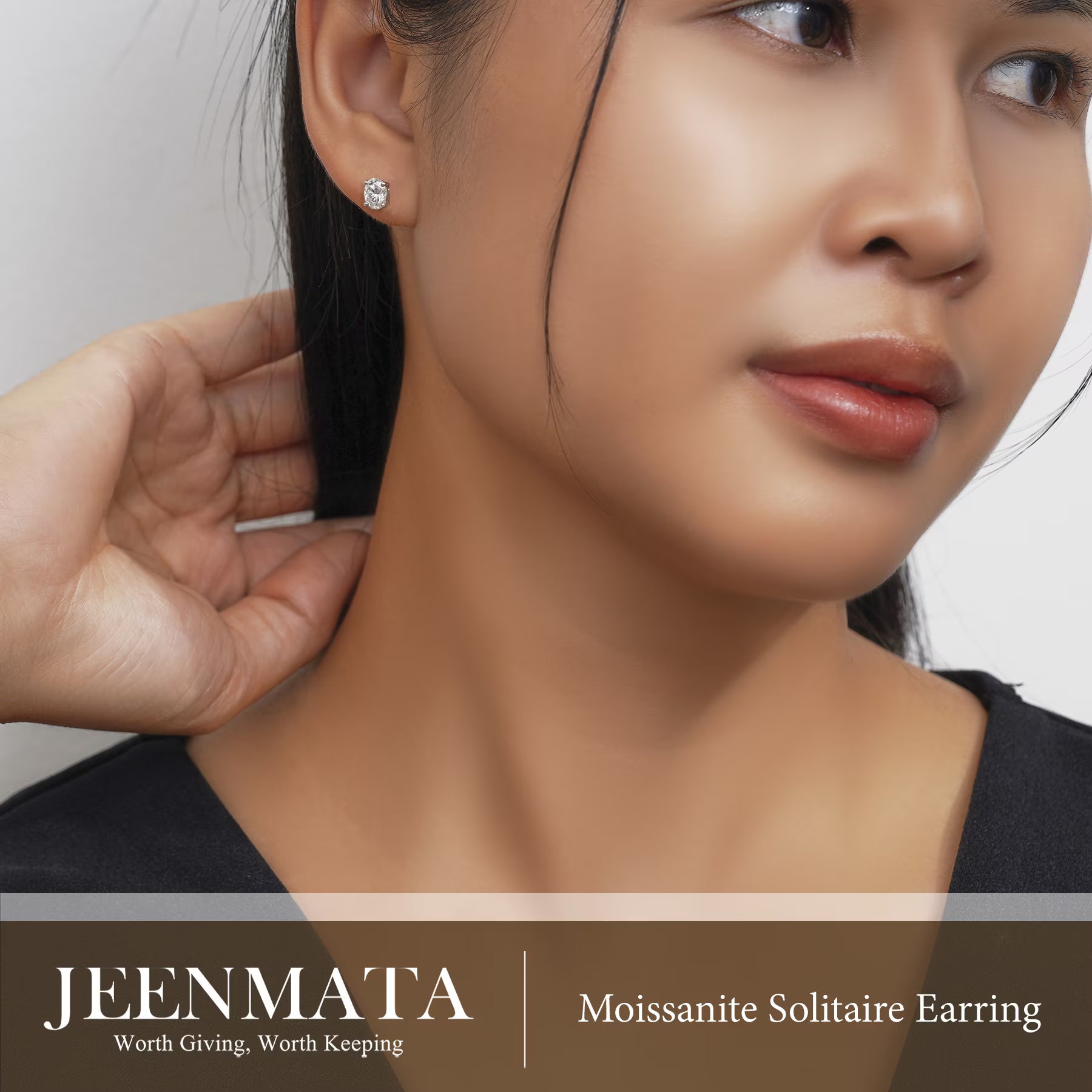 JeenMata 1 Carat Ovate Moissanite 4 Prong Solitaire Stud Earrings in 18k White Gold Plating for Women