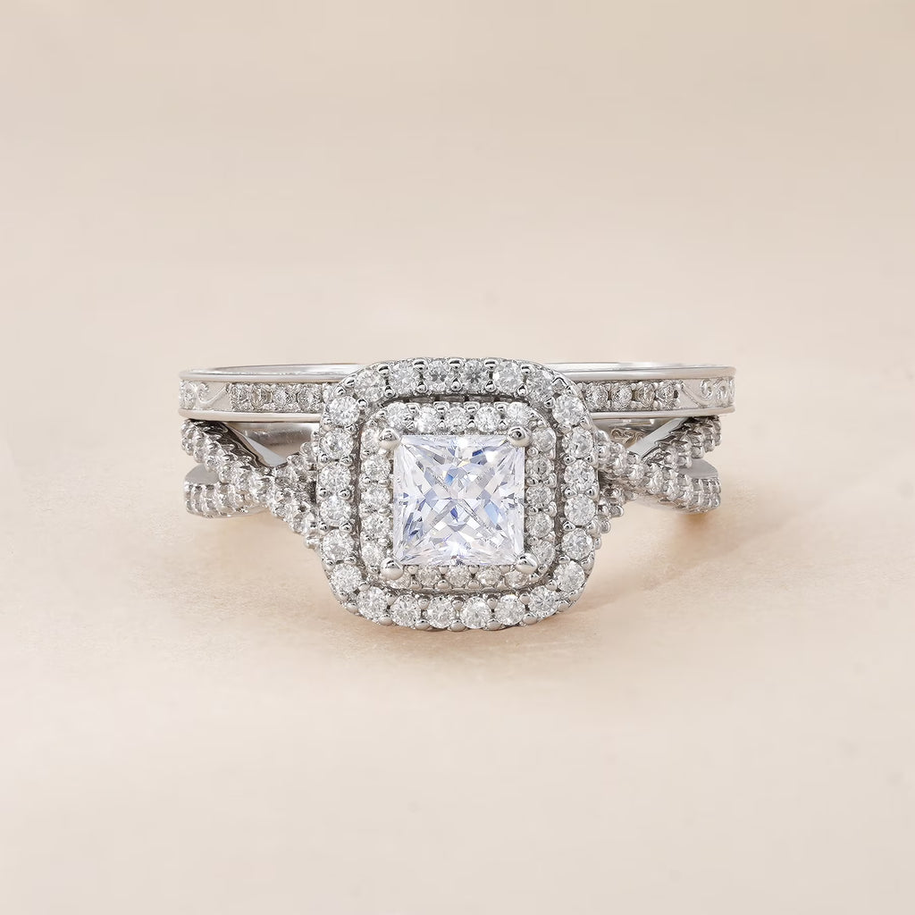 JeenMata 1.25 Carat Square Moissanite Engagement Ring for Women, Double Halo Bridal Wedding Ring Set with Twisted Band in 18K White Gold Plated