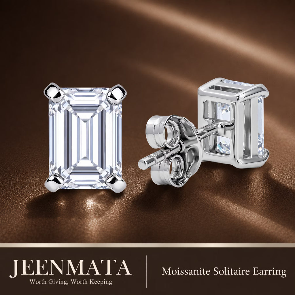 JeenMata 2 Carat Emerald Solitaire Moissanite Stud Earrings for Women, Earrings for Men, 18K White Gold Plated, Hypoallergenic Earrings, D VS1, Stud Earring for Woman, Jewelry, Gift, Earrings
