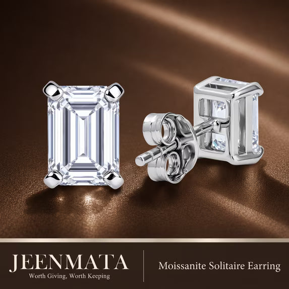 JeenMata 0.5 Carat Emerald Solitaire Moissanite Stud Earrings for Women, Earrings for Men, 18K White Gold Plated, Hypoallergenic Earrings, D VS1, Stud Earring for Woman, Jewelry, Gift, Earrings
