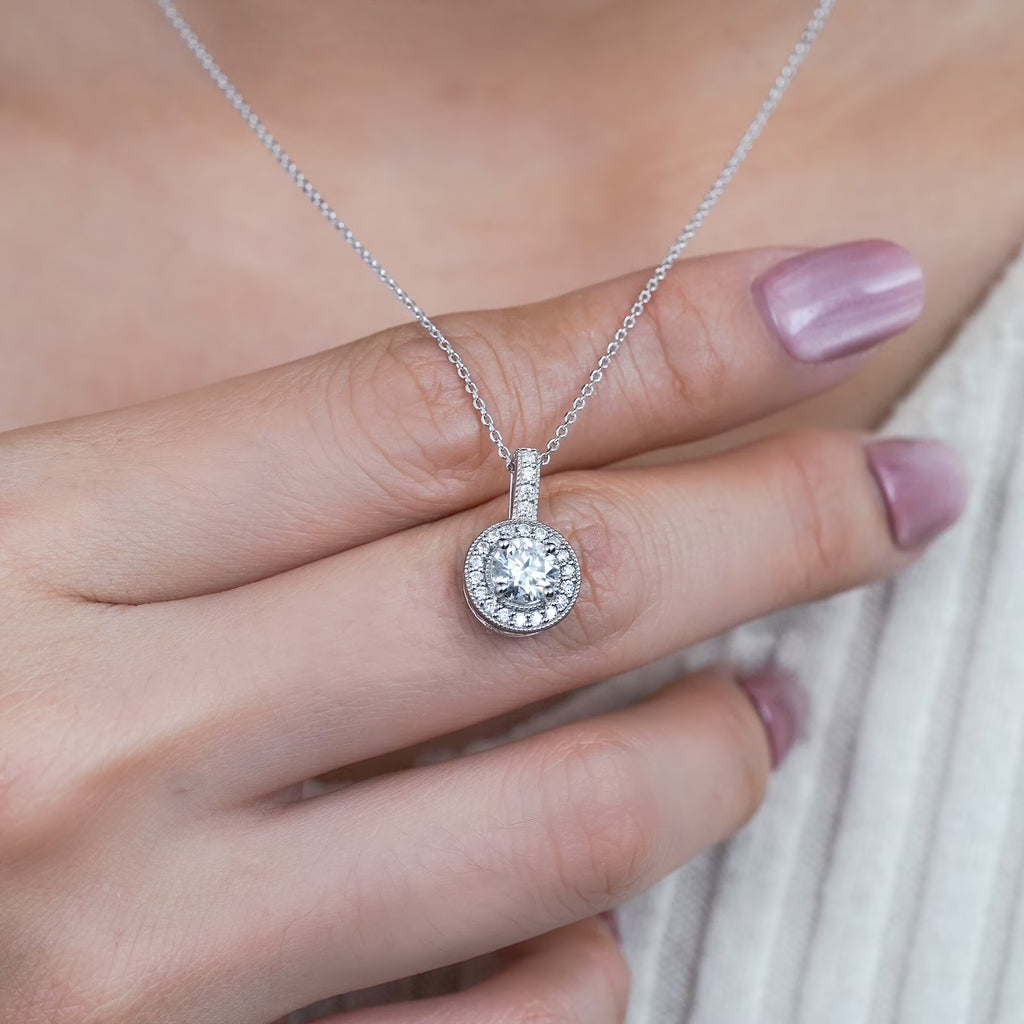 JeenMata 1 Carat Lab Grown Diamond Halo Pendant Necklace - Round Cut Milgrain Halo Pendant in White Gold Plating