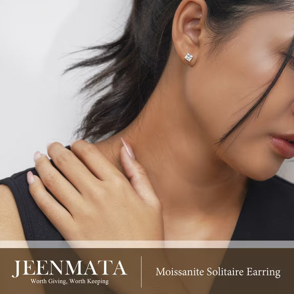 JeenMata 2 Carat Princess Cut Moissanite 4 Prong Solitaire Stud Earrings in 18k Yellow Gold Plating for Women