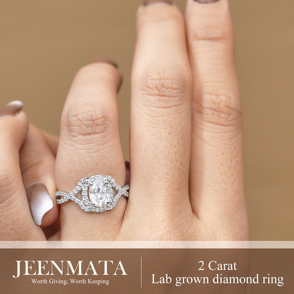 JeenMata 2 Carat Oval Cut Lab Grown Diamond - Engagement Ring with Infinity Band in 18K White Gold Plating for Woman