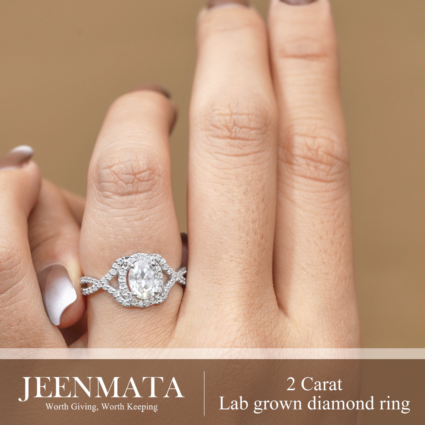JeenMata 2 Carat Oval Cut Lab Grown Diamond - Engagement Ring with Infinity Band in 18K White Gold Plating for Woman