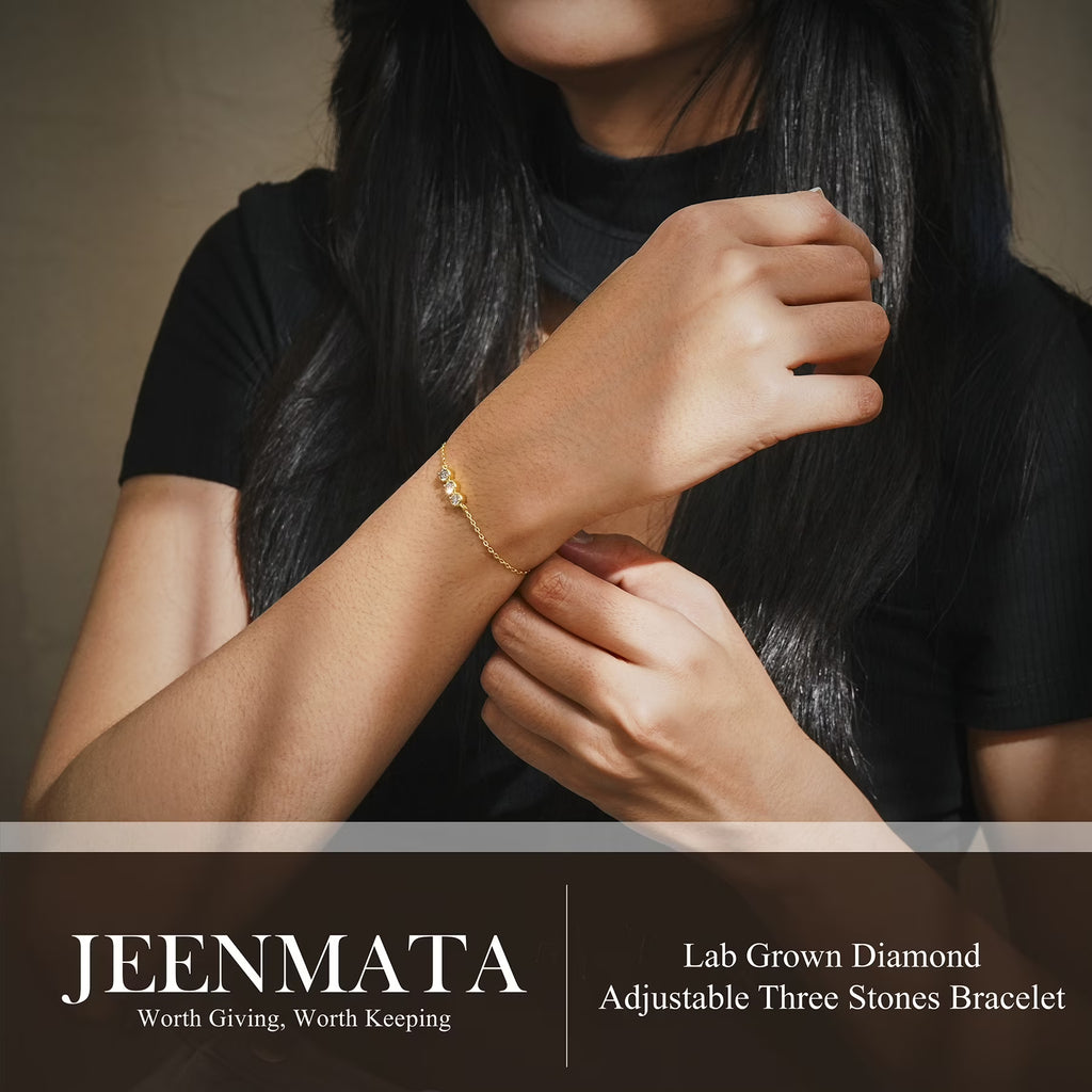 JeenMata Lab Grown Diamond Three Stones Bracelet - Adjustable Slider Yellow Gold Plating Bracelet for Women