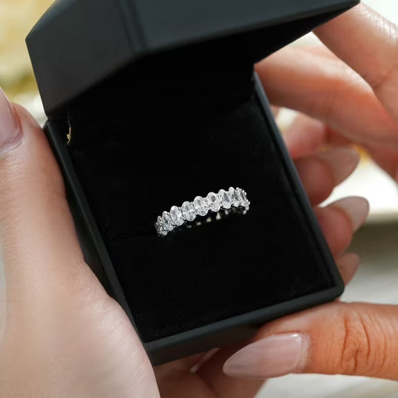 JeenMata 7.25 Carat Oval Cut Cubic Zirconia Eternity Anniversary Ring - Classic Prong Style Wedding Ring in White Gold Plating for Women