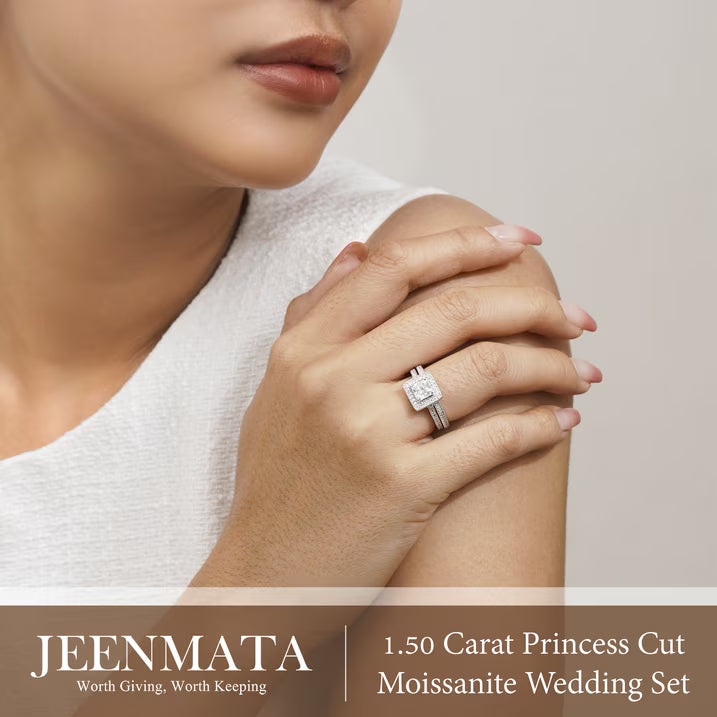 JeenMata 1.5 Carat Princess Cut Moissanite Wedding Set - Bridal Set - Milgrain Ring - Vintage Ring - Halo Ring - 18K White Gold Plating for Women